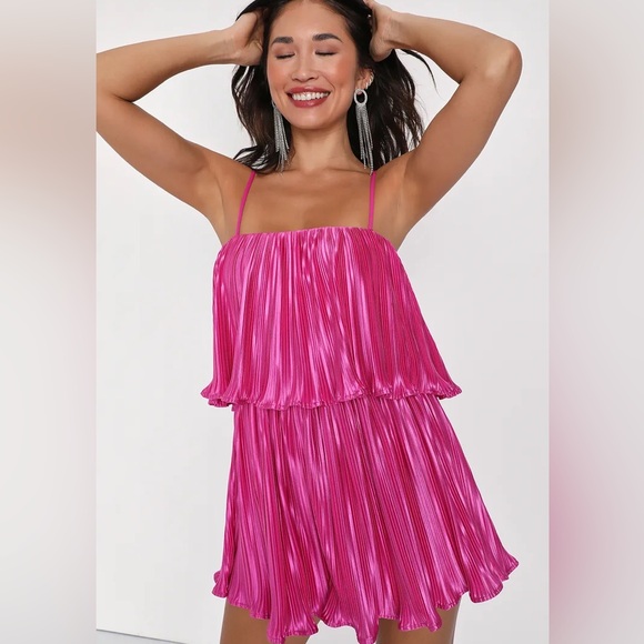 Fun Flirt Hot Pink Satin Plisse Sleeveless Romper - Picture 1 of 4